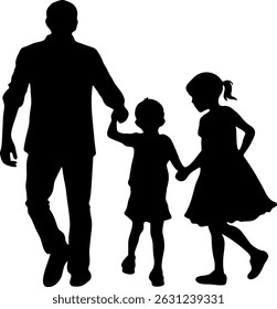 Father Walking with Two Daughters Silhouette