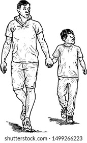 A father walking while holding his son's hand. Hand drawn vector illustration. 