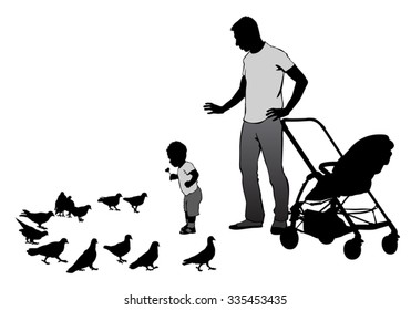Father walks with the baby in the stroller. They feed the pigeons