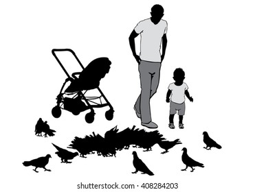 Father walks with the baby in the stroller. They feed the pigeons. Silhouette on a white background.