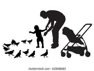 Father walks with the baby in the stroller. They feed the pigeons. The child learns to walk. Father protects the child. Silhouette on a white background.