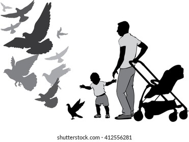 The father walks with the baby in the stroller. They watch and feed the pigeons. The child learns to walk. A child goes for a pigeon. Pigeons fly. Silhouette on a white background.