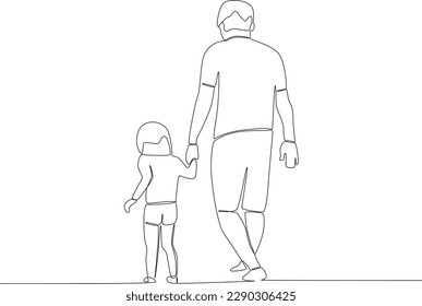 A father walks by holding his son. Father's Day one-line drawing