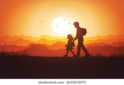 A father walks hand in hand with his daughter at sunset in the mountains. Emotional and warm silhouette.

