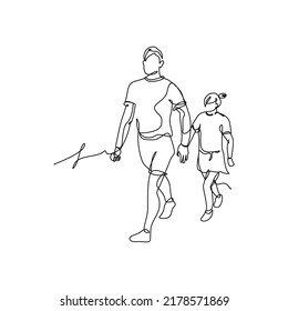 A father walks with his daughter drawn with continuous one line. Minimalist style vector illustration in white background.