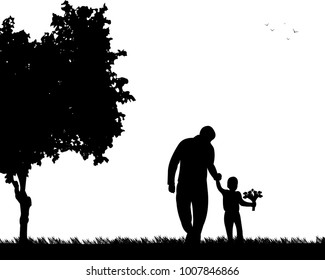 Father walks with a son with flowers in the park, one in the series of similar images silhouette