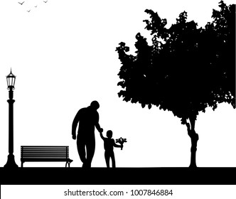 Father walks with a son with flowers in the park, one in the series of similar images silhouette