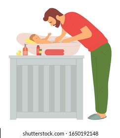 Father washing baby in bathtub, dad caring of newborn, parent and infant in bathroom, family character, hygiene of baby, parenthood and childhood vector