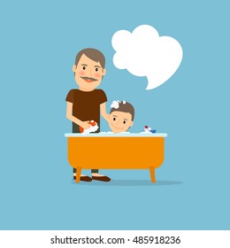 Father washing baby cartoon icon. Vector illustration