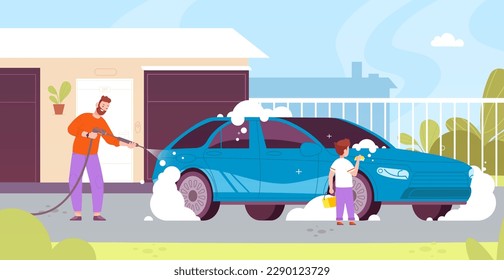 Father washing car. Dad and son wash dirt automobile in house yard, kid with bucket helping, child cleaner chores, man washes cars at home cartoon vector illustration of father and son washing car