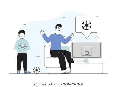 Father watch football. Sad son with ball looking at dad watching match on TV. Bad parent and unhappy child. Fan and supporter with competition and tournament. Linear vector illustration