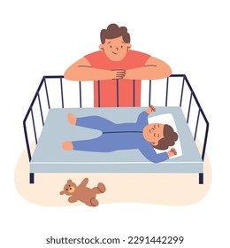 Father watching child sleeping, happy parent concept, paternity leave hand drawn composition, vector illustration of toddler in bed, single dad, colored clipart on white background