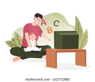 Father watching television with his son. Fatherhood concept