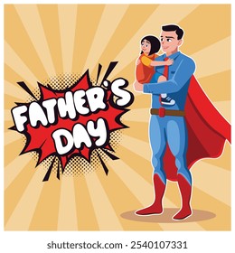 Father wearing a superhero costume and holding his daughter. Father playing with his daughter. Father's Day concept. Flat vector illustration.