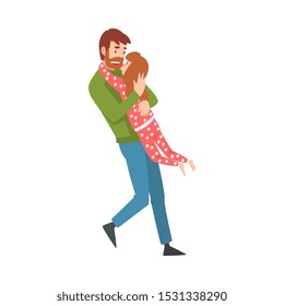 Father whirls with his daughter in his arms cartoon vector illustration