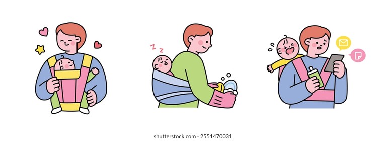 A father who carries a baby, does housework, and takes care of the baby. outline simple vector illustration.