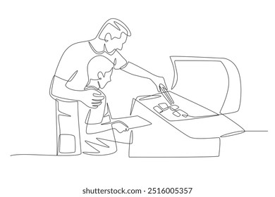 The father who raised the barbeque for his son. Barbequing with friends or family concept one-line drawing