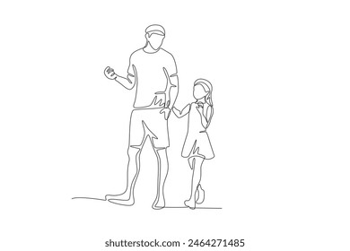 Father who was walking while chatting with his daughter. Father's day one-line drawing