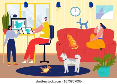 Father work at home, family person together at cartoon scene, vector illustration. Man woman young kid character in room. Happy parent people with cute daughter, flat indoor lifestyle.