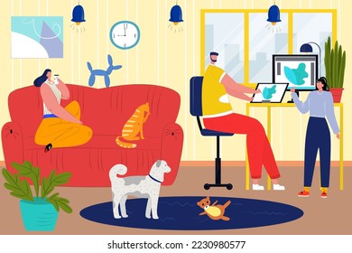 Father work at home, family person together at cartoon scene, vector illustration. Man woman young kid character in room.