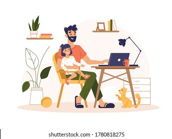 Father Work Home With Laptop, Freelance Online Office, Remote Internet Work, Vector Flat Illustration. Man At Home Online Work Sitting With Computer And Child On Knees, Freelancer Or Social Isolation