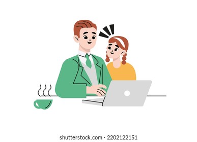 Father work home with laptop, freelance online office, remote internet work, vector flat illustration. Man at home online work sitting with computer and child on knees, freelancer or social isolation