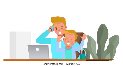 Father working from home with kids character vector design. Social distancing and self-isolation concept.