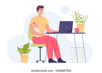 Father Working From Home While Holding Little Baby. Business Man Sitting At Laptop With Child Flat Vector Illustration. Remote Work, Parenthood, Baby Care Concept For Banner Or Landing Web Page