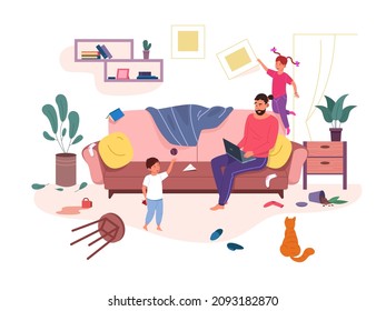 Father working home. Work family inside, busy calm man indoor messy room with funny child, vector illustration. Father remote work at home