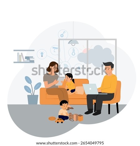 Father working and mather happy for control home device on tablet with their children in a cazy living room,Domestic activity by smart home concept,Modern vector flat design,minimal interior