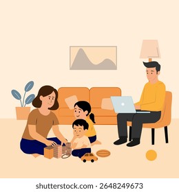 Father working and mather playing building block with their children in a cazy living room,Domestic activity concept,Modern vector flat design,minimal interior