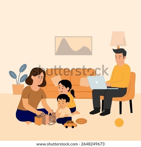 Father working and mather playing building block with their children in a cazy living room,Domestic activity concept,Modern vector flat design,minimal interior