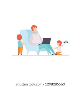 Father Working on Laptop Computer While Sitting on Sofa at Home, His Sons Playing Next to Him, Freelancer, Parent Working with Children, Vector Illustratio