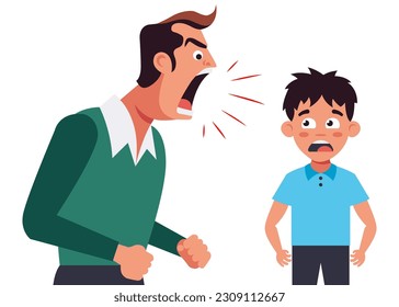 the father yells at the child. angry man and frightened man. flat vector illustration.