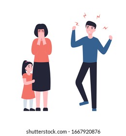 Father yells at mother, she is crying, child hugs mom. Concept flat vector cartoon Illustration. Family problems, pressure at work, domestic abuse, unhappy marriage.