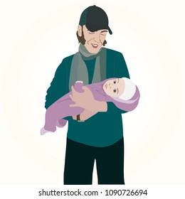 Father - young man, child in hands - vector illustration, isolated