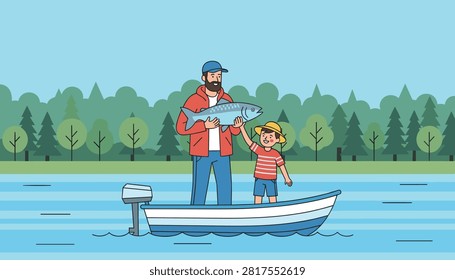 Father and young son standing in small fishing boat on lake and holding a large blue fish together on sunny day outdoors.