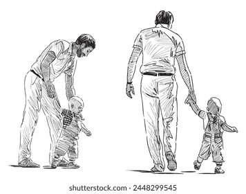 Father,family,child,childhood,parent,baby,father day,Sketch,stroll,walk,man,care,real people,fatherhood, hand drawn,black and white,two persons,together,vector,outline,doodle