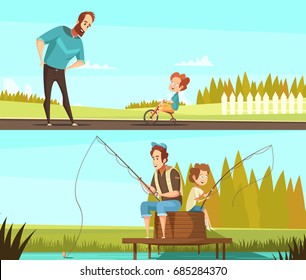 Fatherhood 2 retro cartoon outdoor activities banners with fishing together and little boy cycling isolated vector illustration