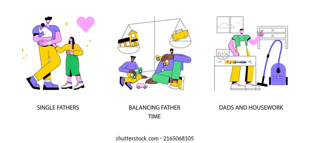 Conjunto de ilustraciones vectoriales de concepto abstracto de la paternidad. Padres solteros, equilibrando el tiempo del padre, padres y tareas domésticas, alimentando a los bebés, niños felices y familia, tareas domésticas, tiempo juntos metáfora abstracta.