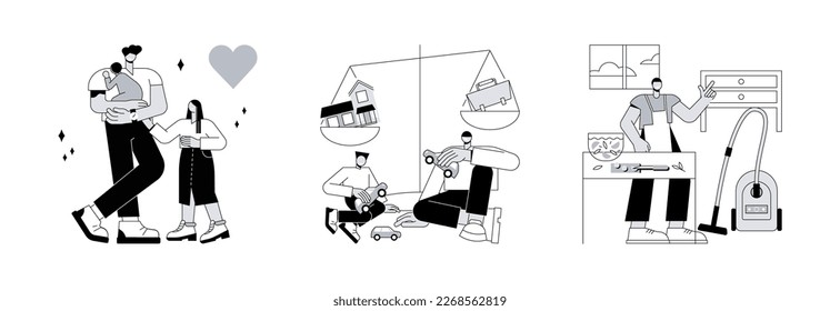 Fatherhood abstract concept vector illustration set. Single fathers, balancing father time, dads and housework, feeding baby, happy kid and family, chores at home, time together abstract metaphor.