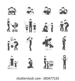 Fatherhood black icon set with happy family holidays symbols isolated vector illustration