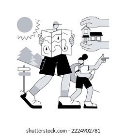 Fatherhood care abstract concept vector illustration. Fatherhood institute, care and domestic work, together at home, fathers day, relationship with child, happy kid family abstract metaphor.
