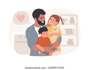 Fatherhood care isolated concept vector illustration. Fatherhood institute, care and domestic work, together at home, fathers day, relationship with child, happy kid family vector concept.