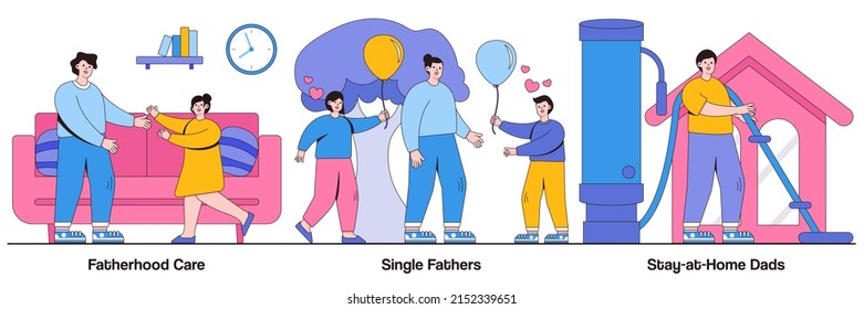 Fatherhood care, single fathers, dads cleaning home concepts with people characters. Daddy spending time with kid abstract vector illustrations pack. Men taking paternity leave, childcare metaphor.