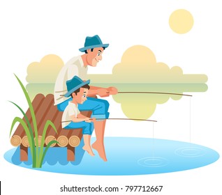 Fatherhood Child-rearing Fishing With Kids Cartoon. Vector Illustration