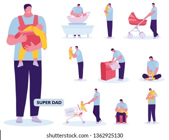 Fatherhood child-rearing shopping playing walking with baby. White background. Vector illustration in a flat cartoon style