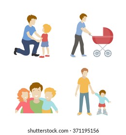 Fatherhood  color flat icons set father playing with children   illustration.