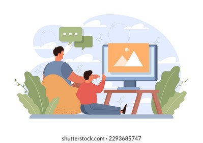 Fatherhood concept. Dad and child spending time together, watching movie with popcorn. Childhood happiness and positive parenting. Family communication and happiness. Flat vector illustration