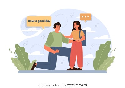 Concepto de paternidad. Papá abrazando a su hija antes de la escuela. La felicidad infantil y la paternidad positiva. La comunicación familiar y la felicidad. Ilustración vectorial plana